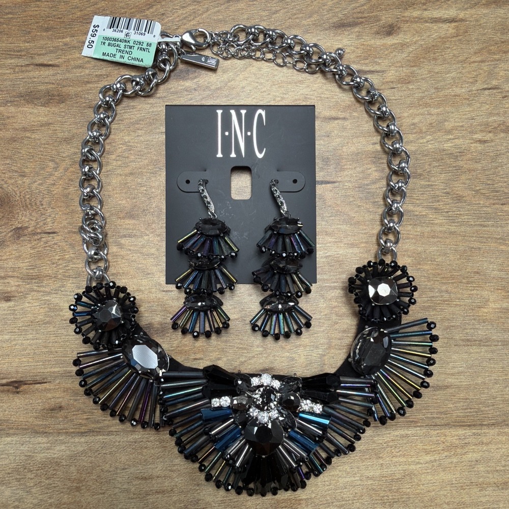 Inc Black Statement Bib Necklace Art Deco Gothic Glam 18" Necklace With Earrings